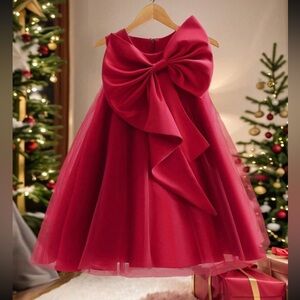 Toddler / big girls - bow front red dress - mesh organza and satin material